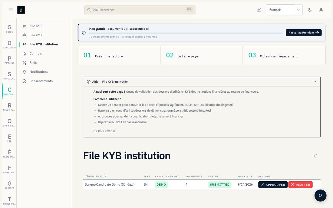 La file de conformité des dossiers KYB institution.