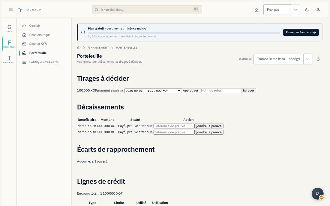 Le portefeuille, avec les tirages à décider et l'utilisation des facilités.