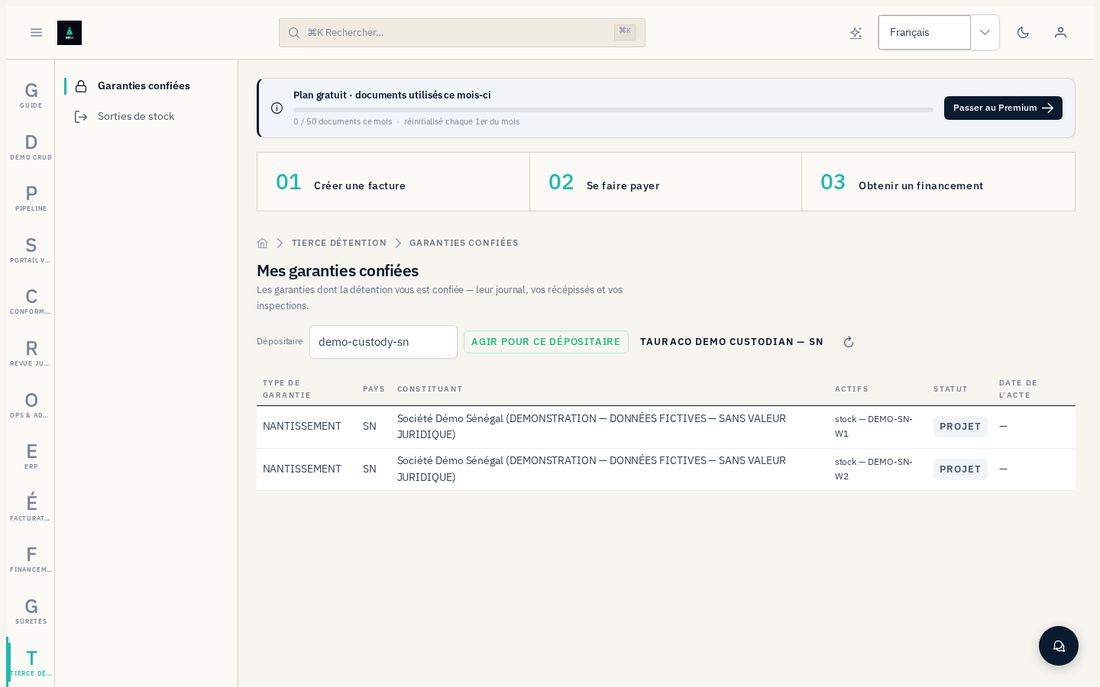 Les positions de stock retenues dans l'assiette de financement.