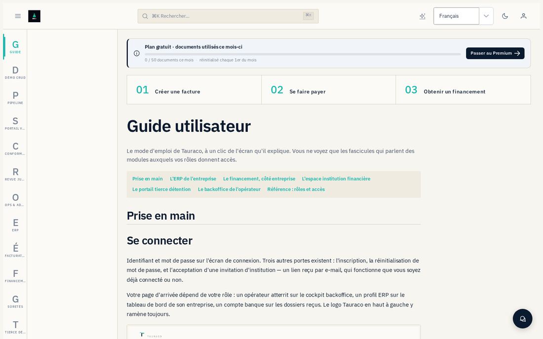 La page d'accueil du guide in-app, qui reprend la même disposition à trois bandes.